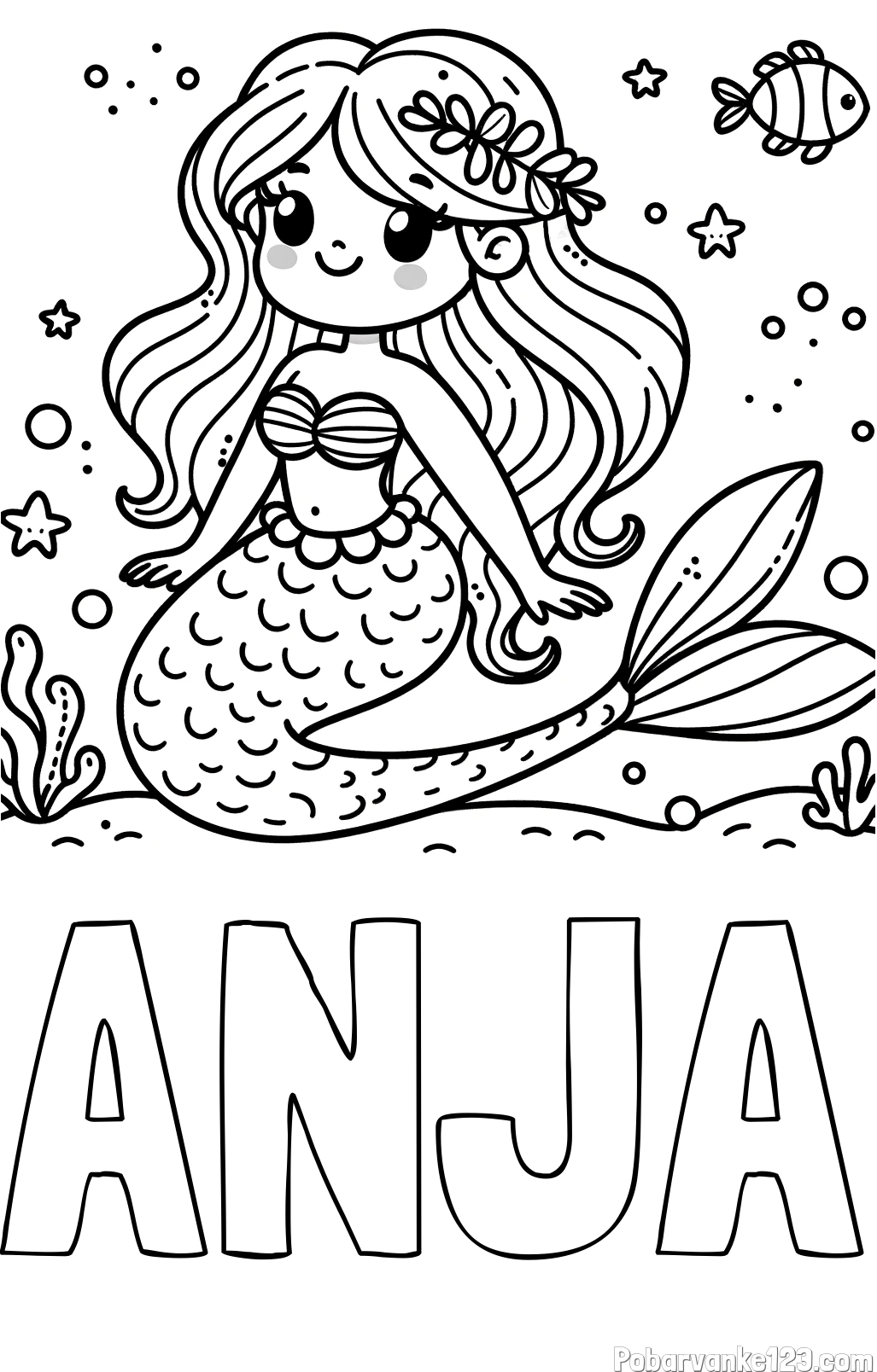 Pobarvanka imena ANJA in pobarvanka ljubke morske deklice v morju