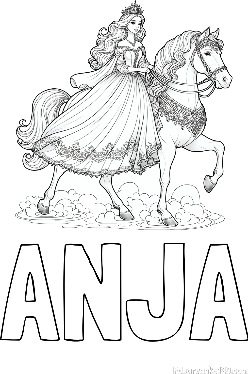 Pobarvanka imena ANJA in pobarvanka princese na konju