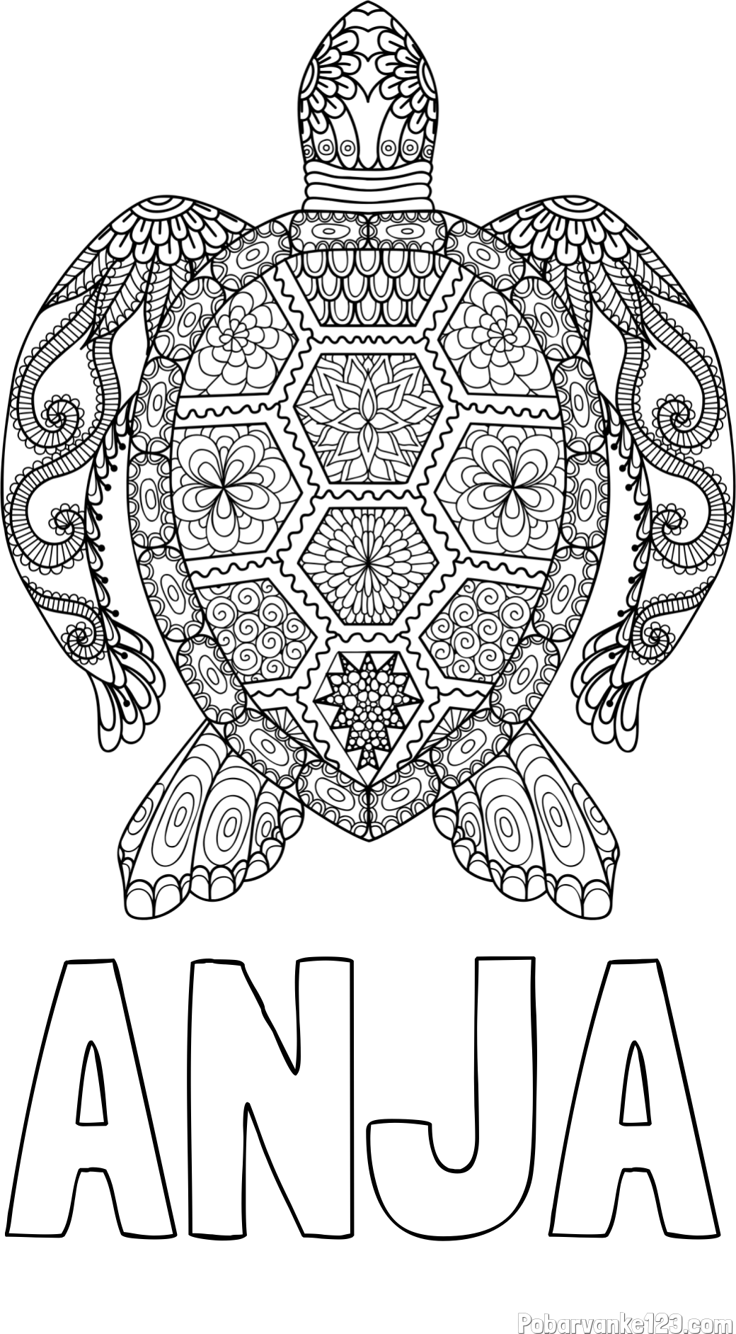 Pobarvanka imena ANJA in pobarvanka želve - mandale