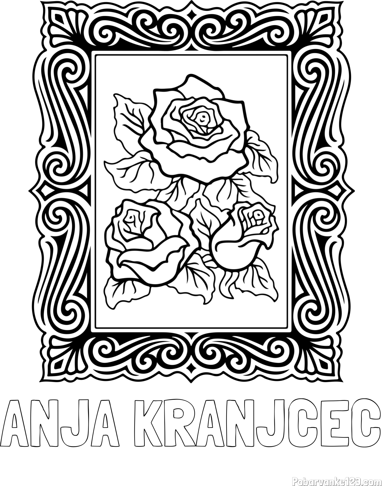 Pobarvanka imena ANJA KRANJČEC in pobarvanka  uokvirjene slike vrtnic