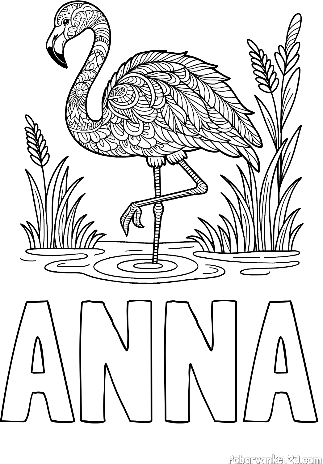 Pobarvanka imena ANNA in pobarvanka flaminga z abstraktnimi vzorci