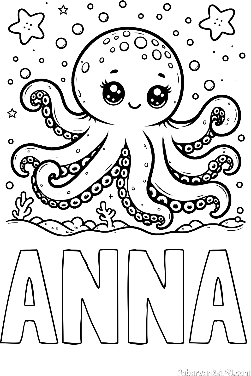 Pobarvanka imena ANNA in pobarvanka hobotnice v morju obdane z morskimi zvezdami