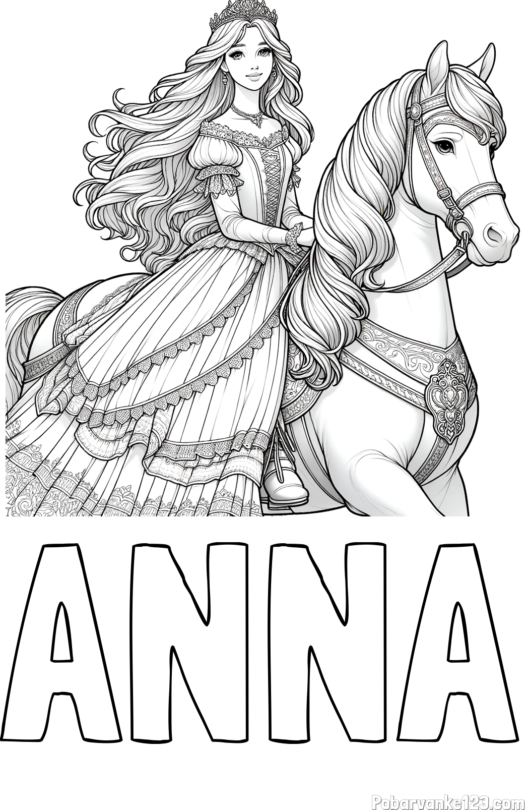 Pobarvanka imena ANNA in pobarvanka nasmejana princese na konju