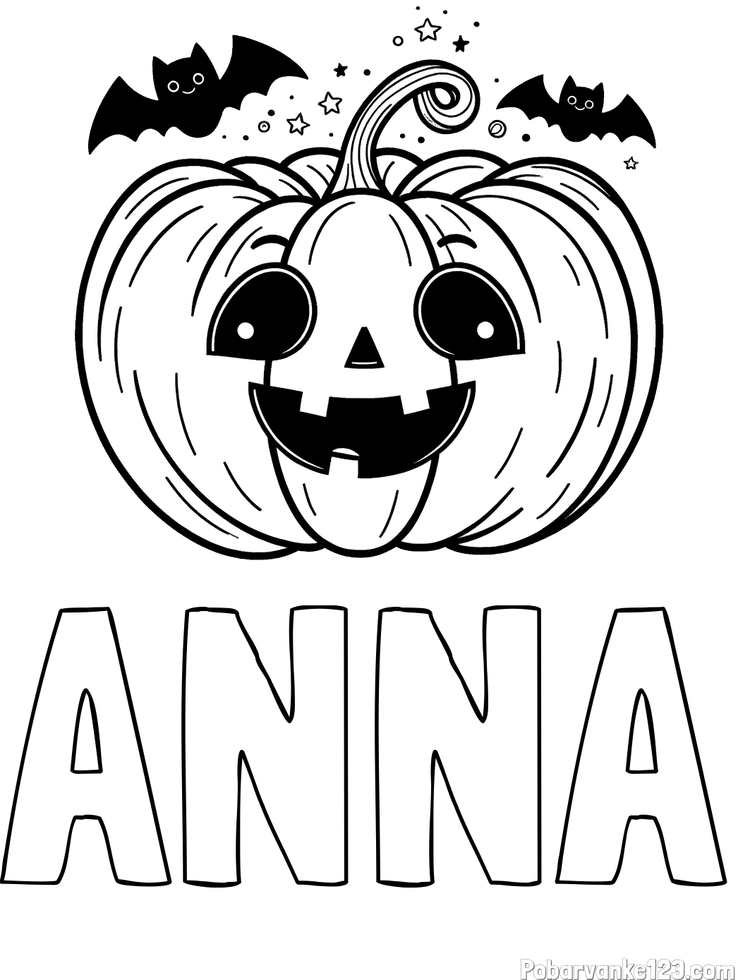 Pobarvanka imena ANNA in pobarvanka nasmejane buče ter dveh netopirjev za noč čarovnic