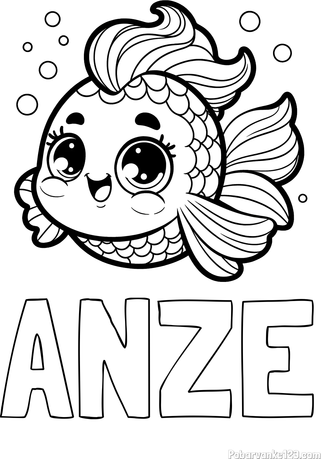 Pobarvanka imena ANŽE in pobarvanka ljubke pravljične ribe