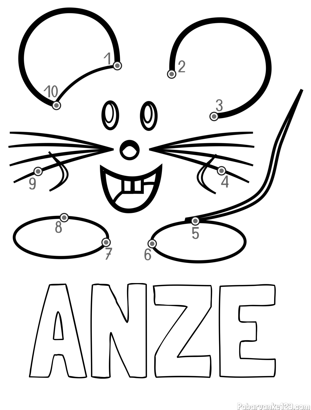 Pobarvanka imena ANŽE in pobarvanka poveži številke - ljubka miška