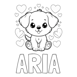 Online izdelana pobarvanka - Pobarvanka imena ARIA in pobarvanka ljubkega kužka obdanega s srčki