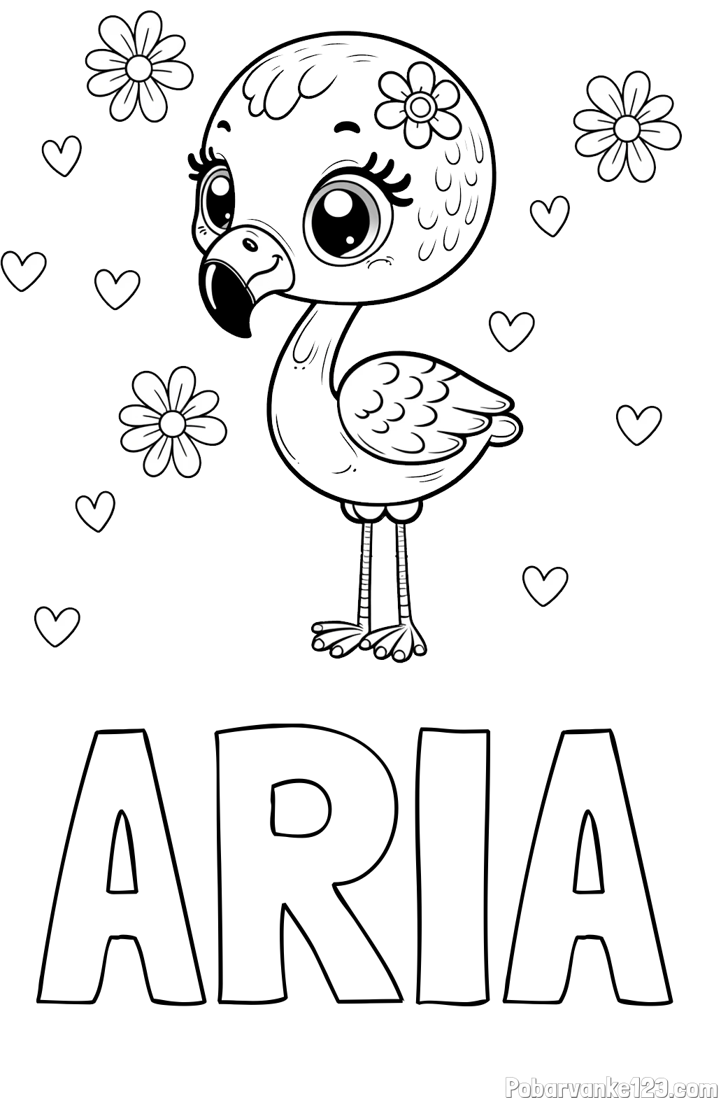 Pobarvanka imena ARIA in pobarvanka mladička flaminga z rožicami in srčki