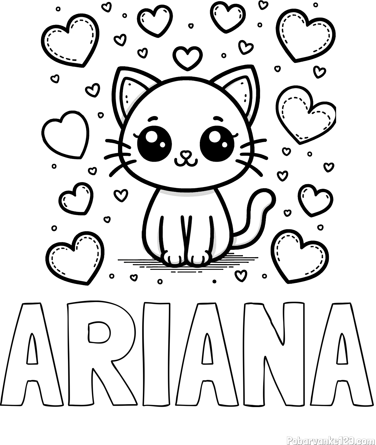 Pobarvanka imena ARIANA in pobarvanka ljubke mucke obdane z veliko srčki