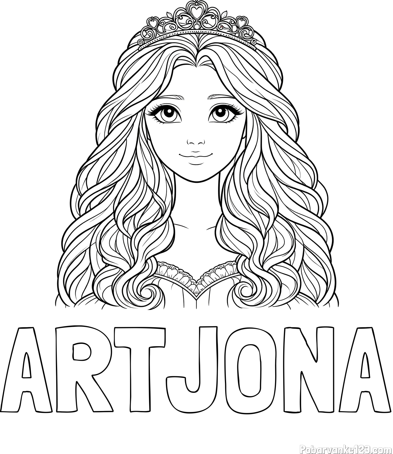Pobarvanka imena ARTJONA in pobarvanka ljubke princese z bujnimi lasmi