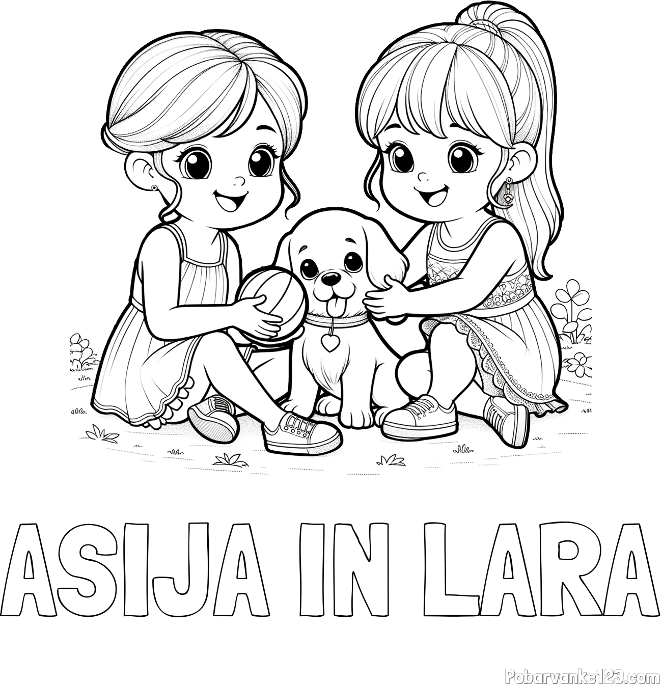 Pobarvanka imena ASIJA IN LARA in pobarvanka prijateljic s kužkom