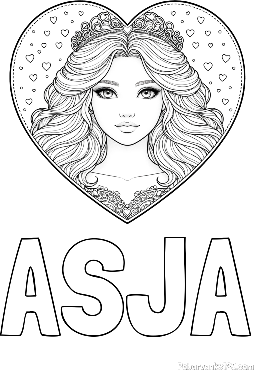 Pobarvanka imena ASJA in pobarvanka ljubke princese v srčku
