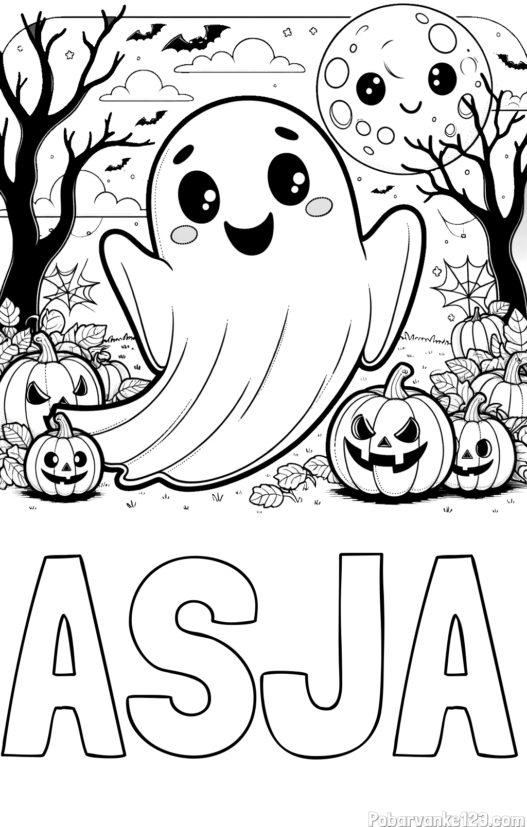 Pobarvanka imena ASJA in pobarvanka ljubkega duhca in buč za noč čarovnic