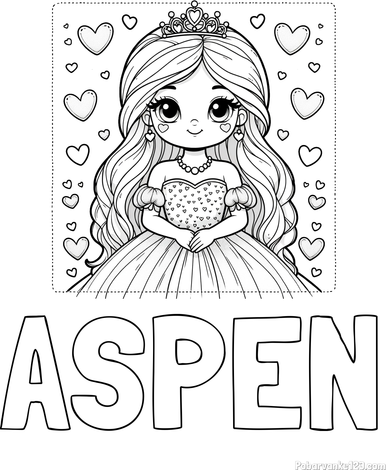Pobarvanka imena ASPEN in pobarvanka ljubke princese obdane s srčki