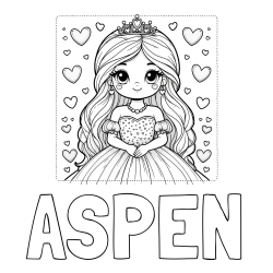 Online izdelana pobarvanka - Pobarvanka imena ASPEN in pobarvanka ljubke princese obdane s srčki