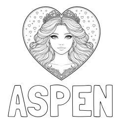 Online izdelana pobarvanka - Pobarvanka imena ASPEN in pobarvanka ljubke princese v srčku