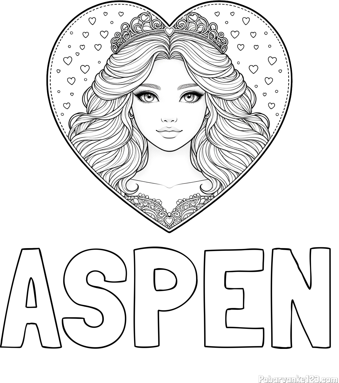 Pobarvanka imena ASPEN in pobarvanka ljubke princese v srčku