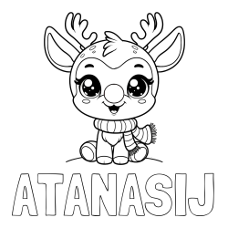 Online izdelana pobarvanka - Pobarvanka imena ATANASIJ in otroška pobarvanka jelenčka Rudolfa s šalom okoli vratu