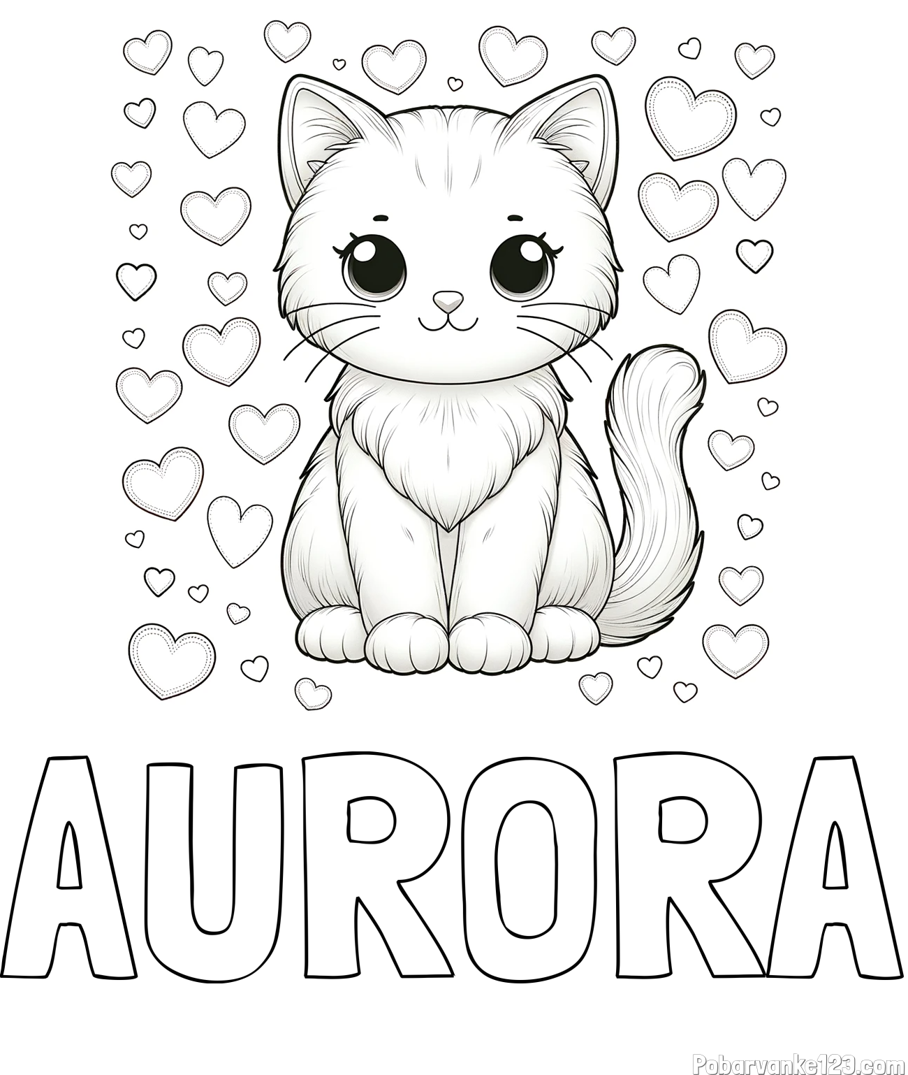 Pobarvanka imena AURORA in pobarvanka ljubke mucke obdane s srčki