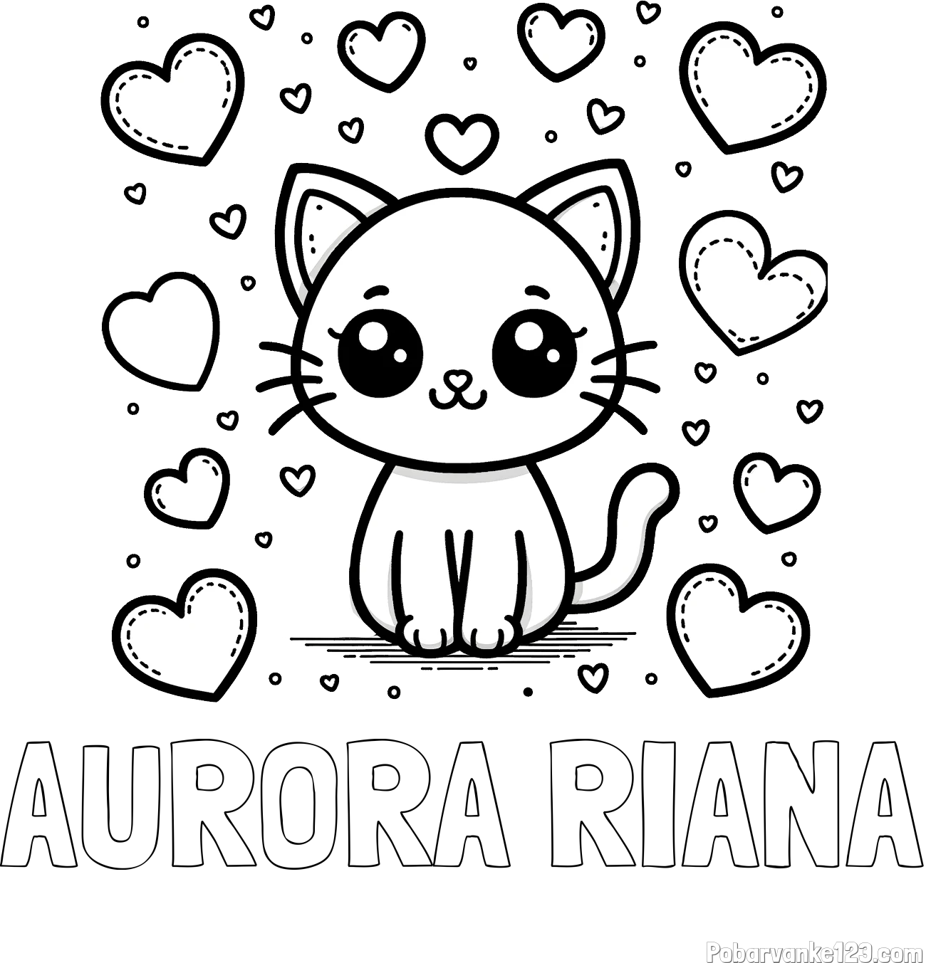 Pobarvanka imena AURORA RIANA in pobarvanka ljubke mucke obdane z veliko srčki