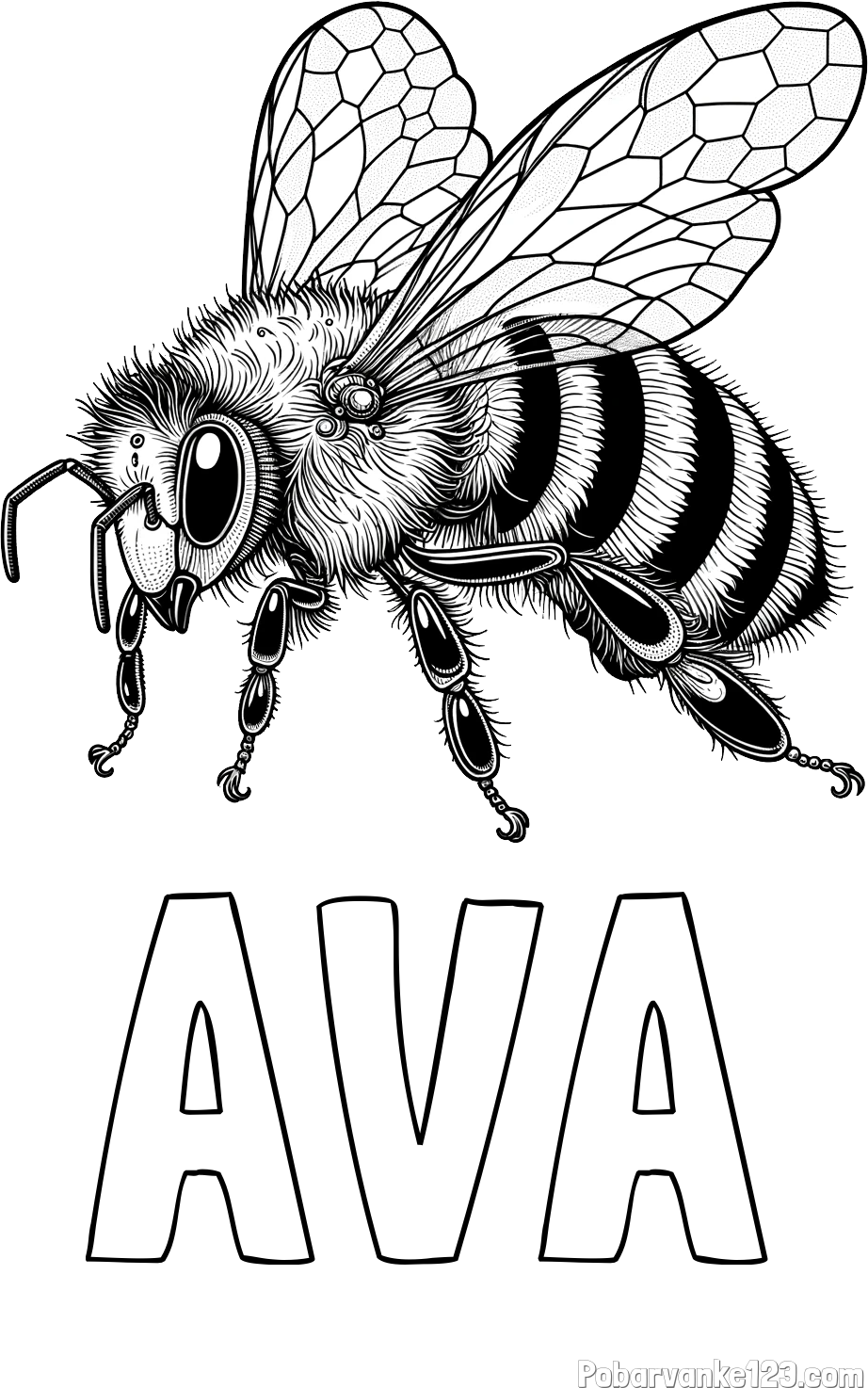 Pobarvanka imena AVA in pobarvanka lepe in realistično oblikovane čebele