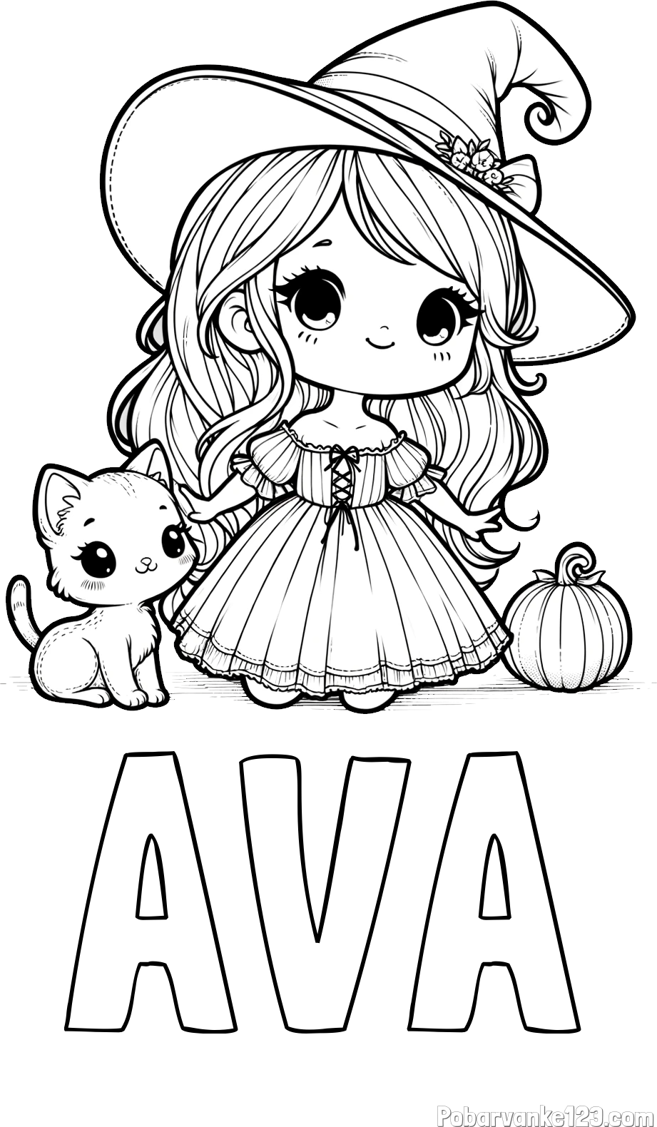 Pobarvanka imena AVA in pobarvanka ljubke čarovnice, muce in buče