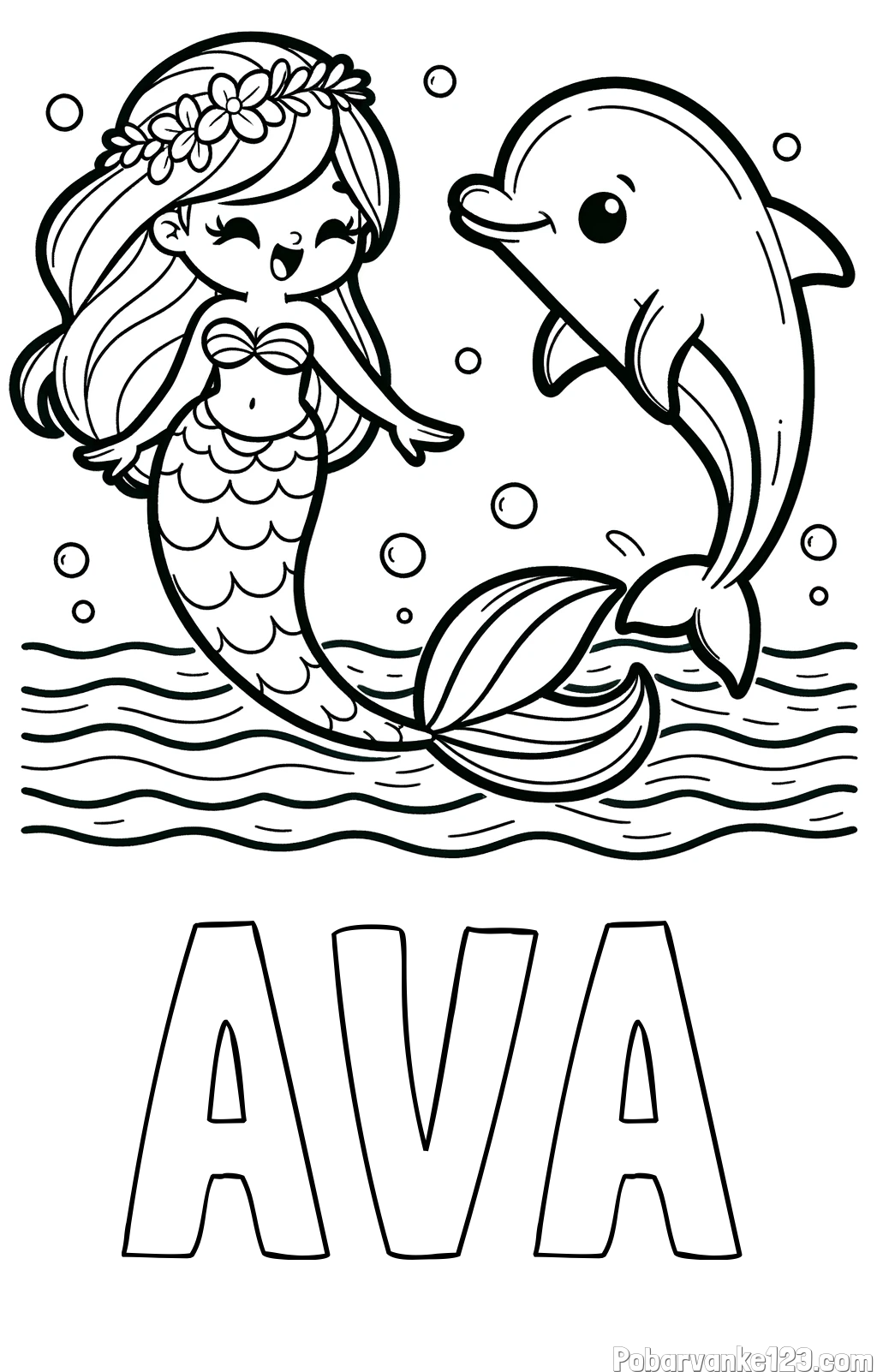 Pobarvanka imena AVA in pobarvanka ljubke morske deklice, ki pleše z delfinom
