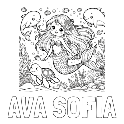 Online izdelana pobarvanka - Pobarvanka imena AVA SOFIA in pobarvana ljubke morske deklice s prijatelji