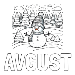 Online izdelana pobarvanka - Pobarvanka imena AVGUST in pobarvanka snežaka v naravi obdanega z zasneženimi smrekami