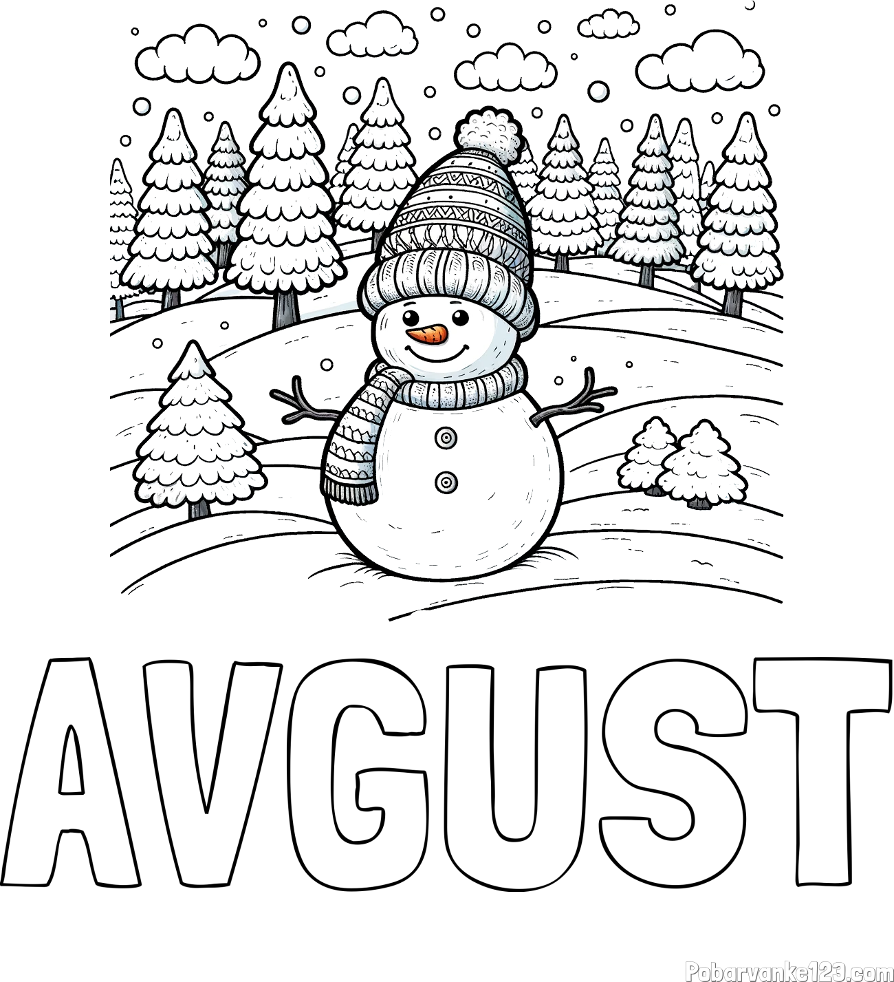 Pobarvanka imena AVGUST in pobarvanka snežaka v naravi obdanega z zasneženimi smrekami