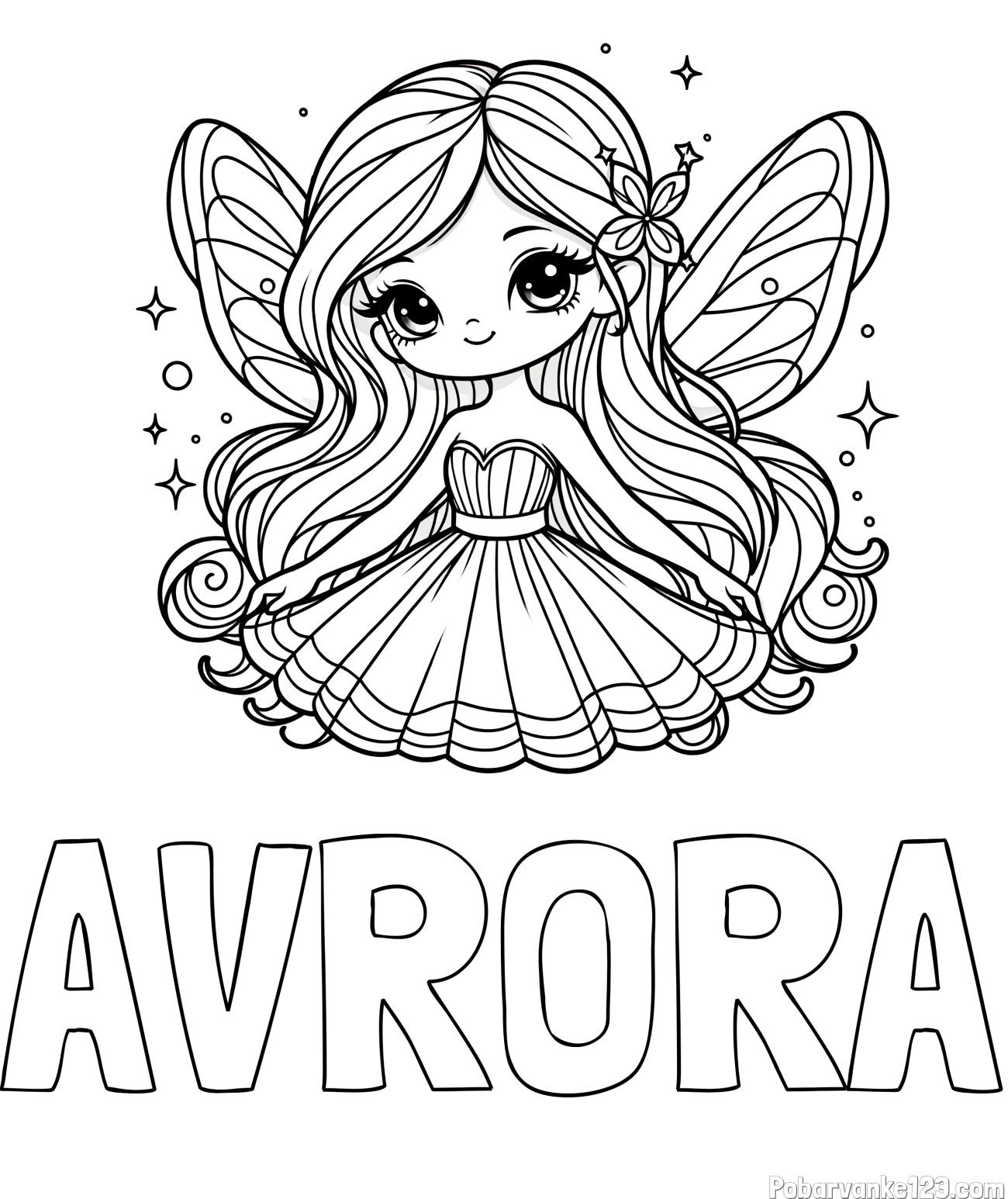 Pobarvanka imena AVRORA in pobarvanka ljubke in nasmejane čarobne vile