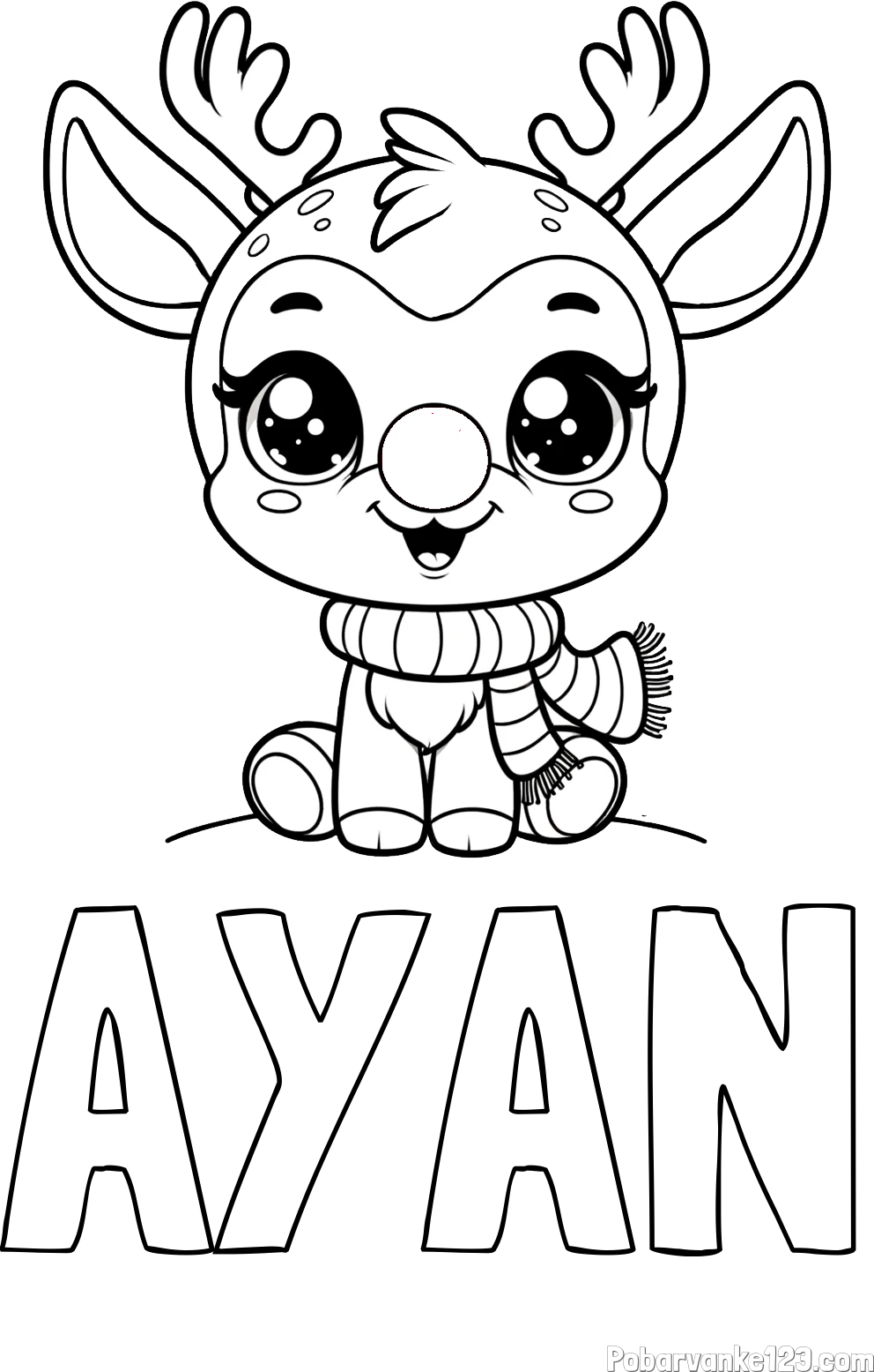 Pobarvanka imena AYAN in otroška pobarvanka jelenčka Rudolfa s šalom okoli vratu