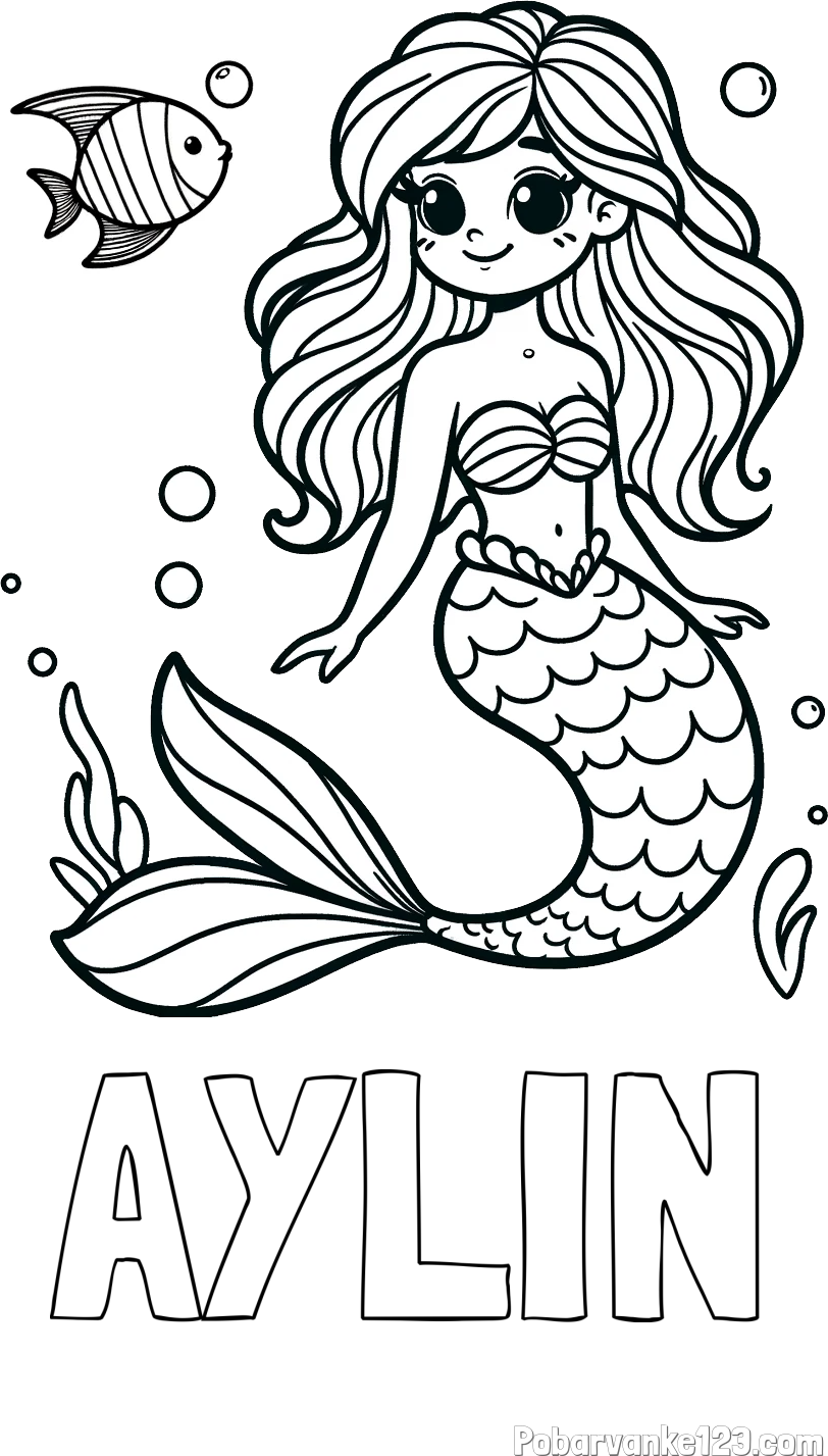 Pobarvanka imena AYLIN in pobarvanka male morske deklice in ribice