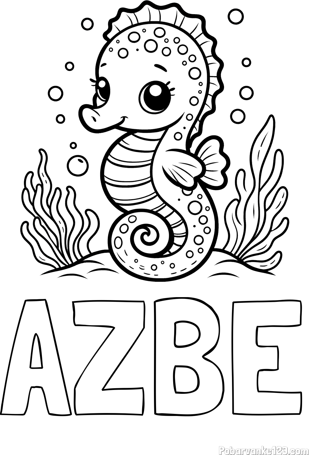 Pobarvanka imena AŽBE in pobarvanka morskega konjička