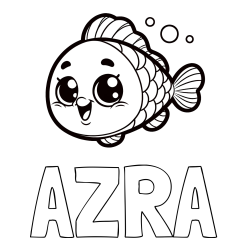 Pobarvanka imena AZRA in otroška pobarvanka nasmejane ribe