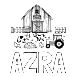 Pobarvanka imena AZRA in otroška pobarvanka velikega senika, krav in traktorja