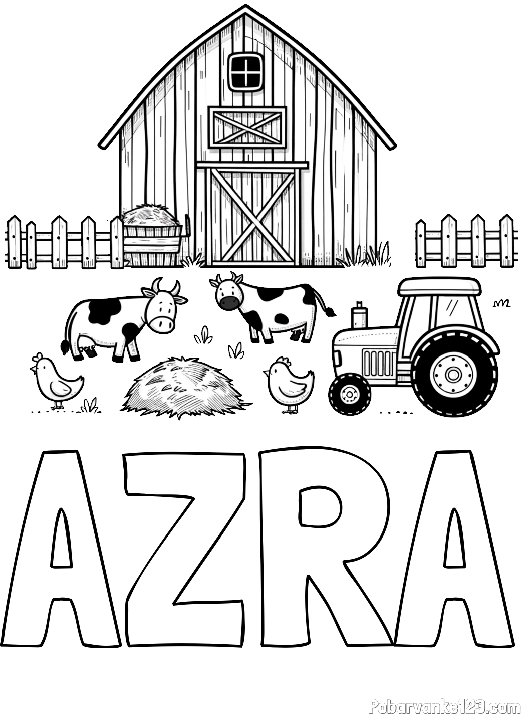 Pobarvanka imena AZRA in otroška pobarvanka velikega senika, krav in traktorja
