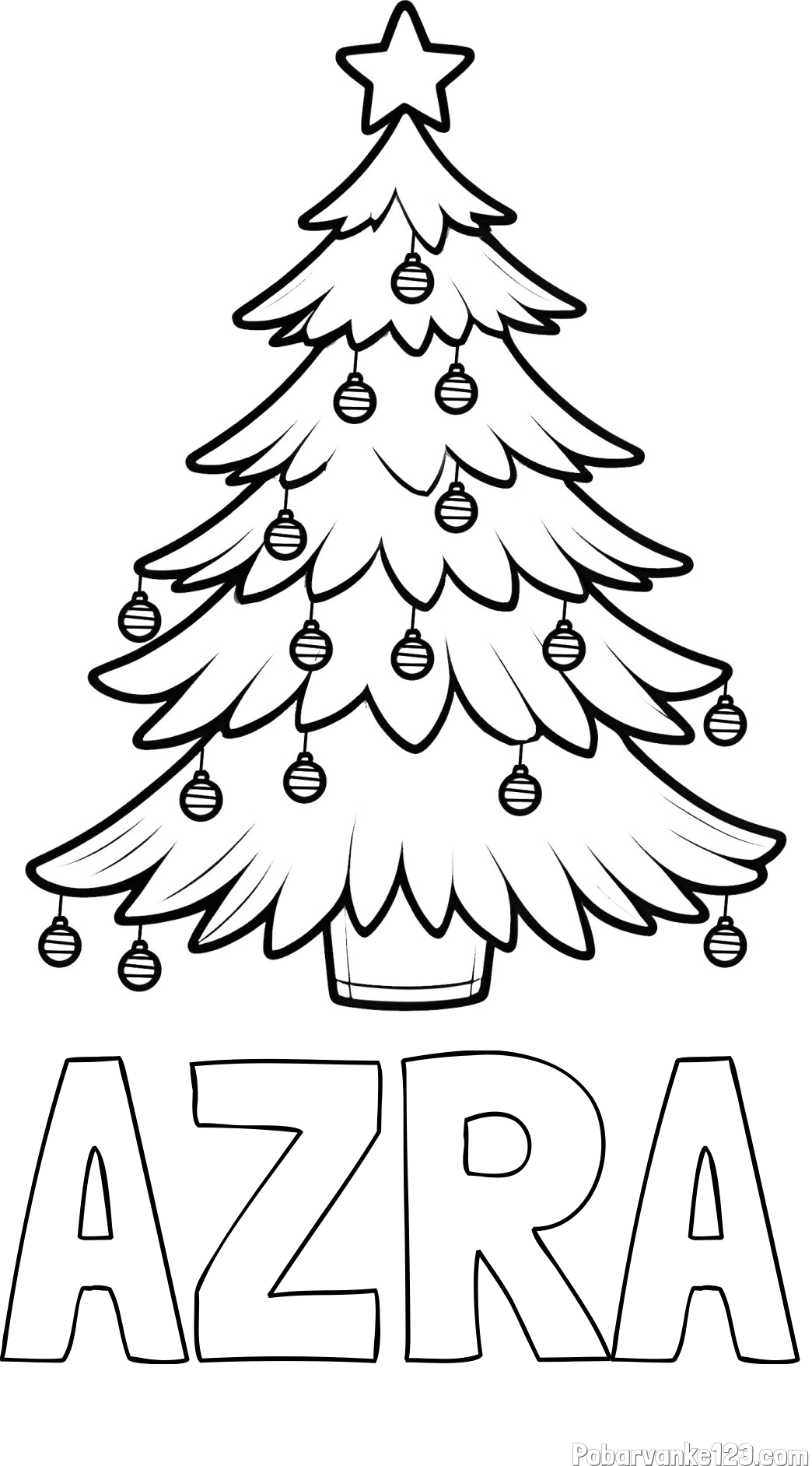 Pobarvanka imena AZRA in pobarvanka božične jelke z božično zvezdico in bunkicami