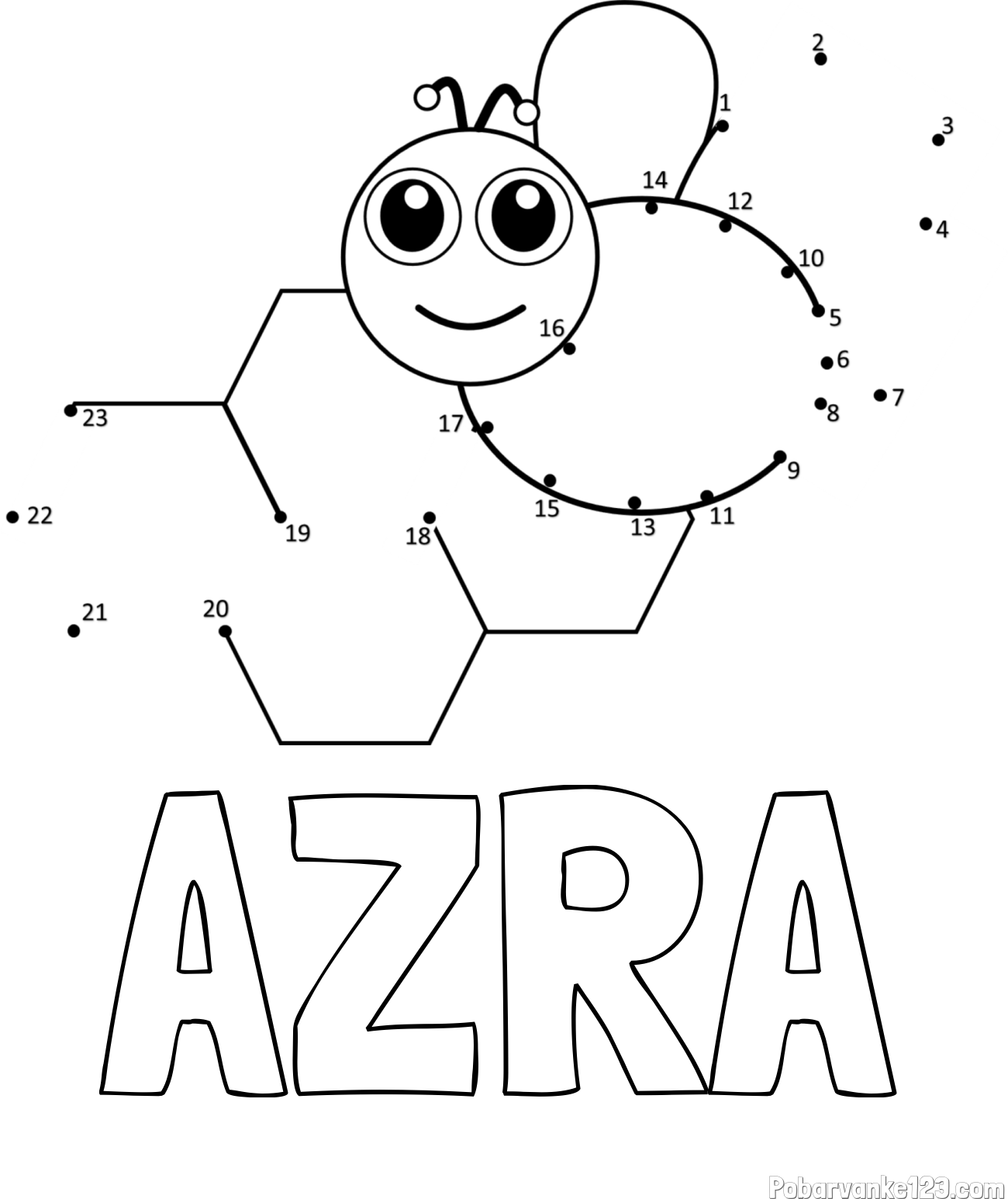 Pobarvanka imena AZRA in pobarvanka čebelice in satja - poveži številke