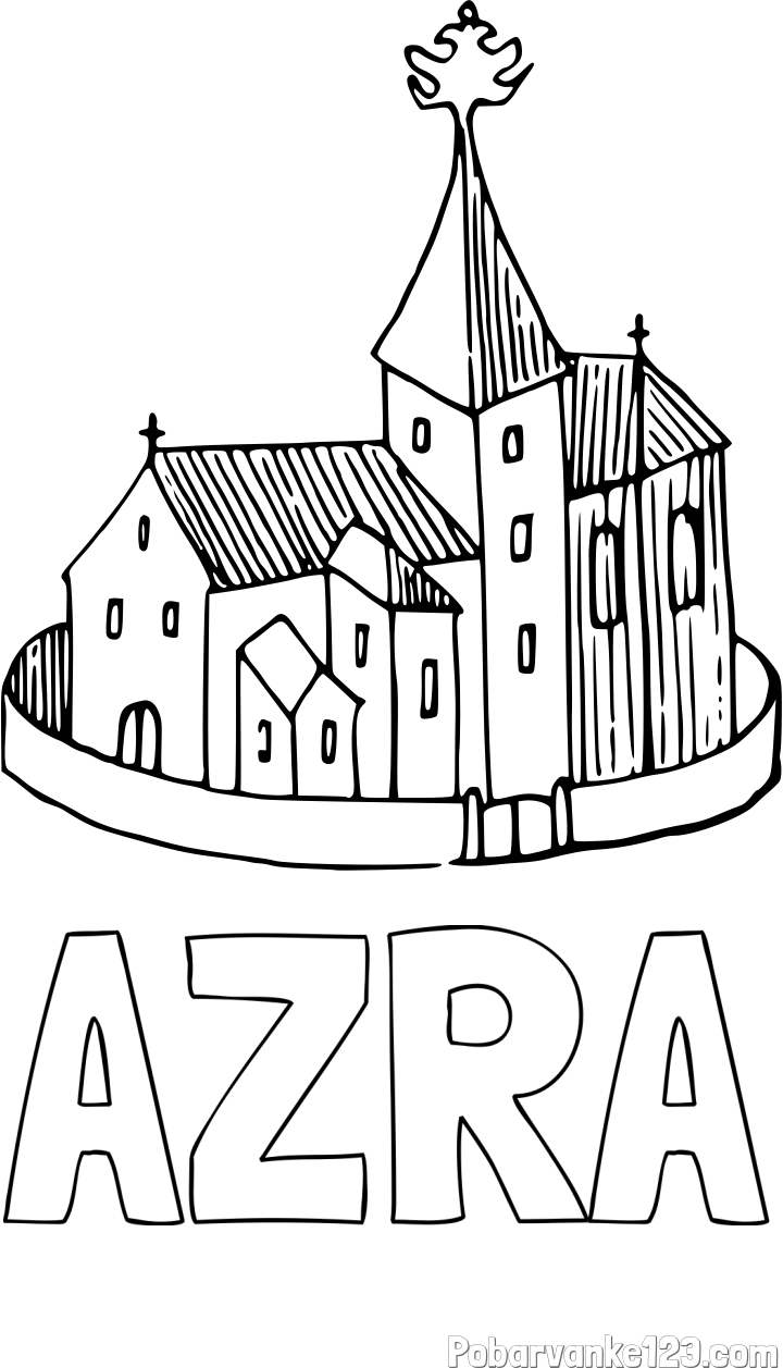 Pobarvanka imena AZRA in pobarvanka cerkve obdane z obzidjem