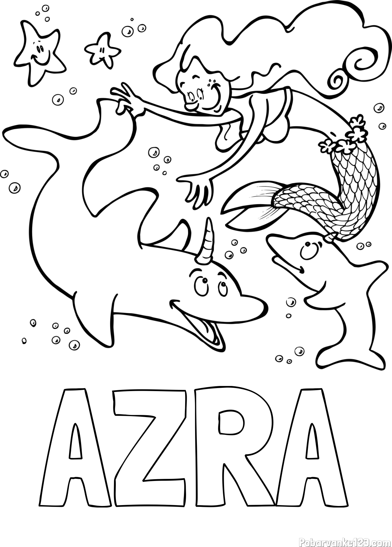 Pobarvanka imena AZRA in pobarvanka male morske deklice pri igri s prijatelji