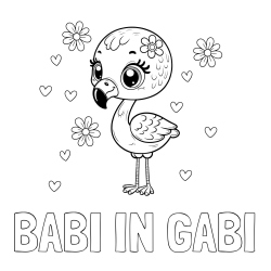 Online izdelana pobarvanka - Pobarvanka imena BABI IN GABI in pobarvanka mladička flaminga z rožicami in srčki