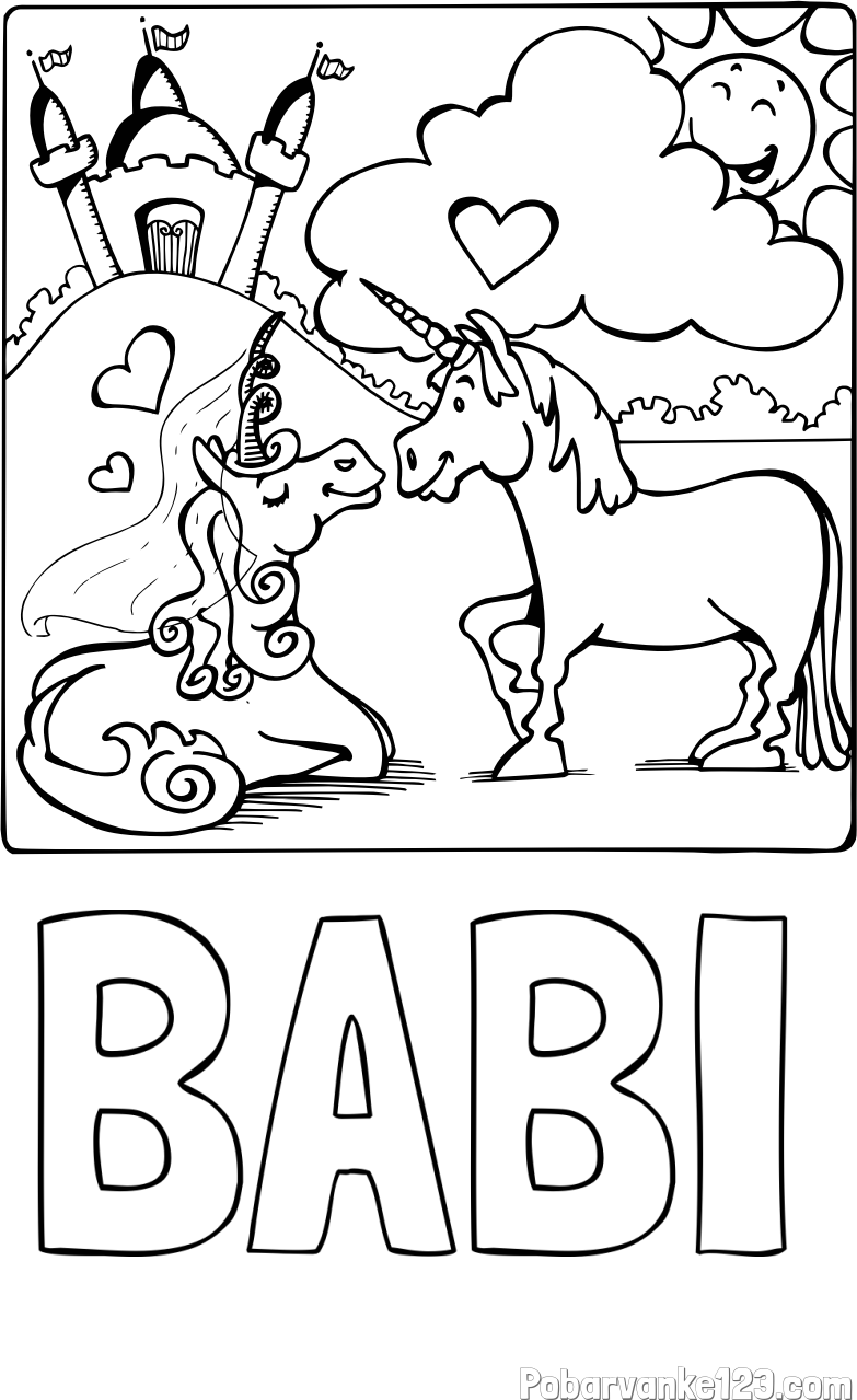 Pobarvanka imena BABI in pobarvanka zaljubljenih samorogov