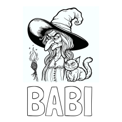 Online izdelana pobarvanka - Pobarvanka imena BABI in pobarvanka zlobne stare čarovnice in mačke