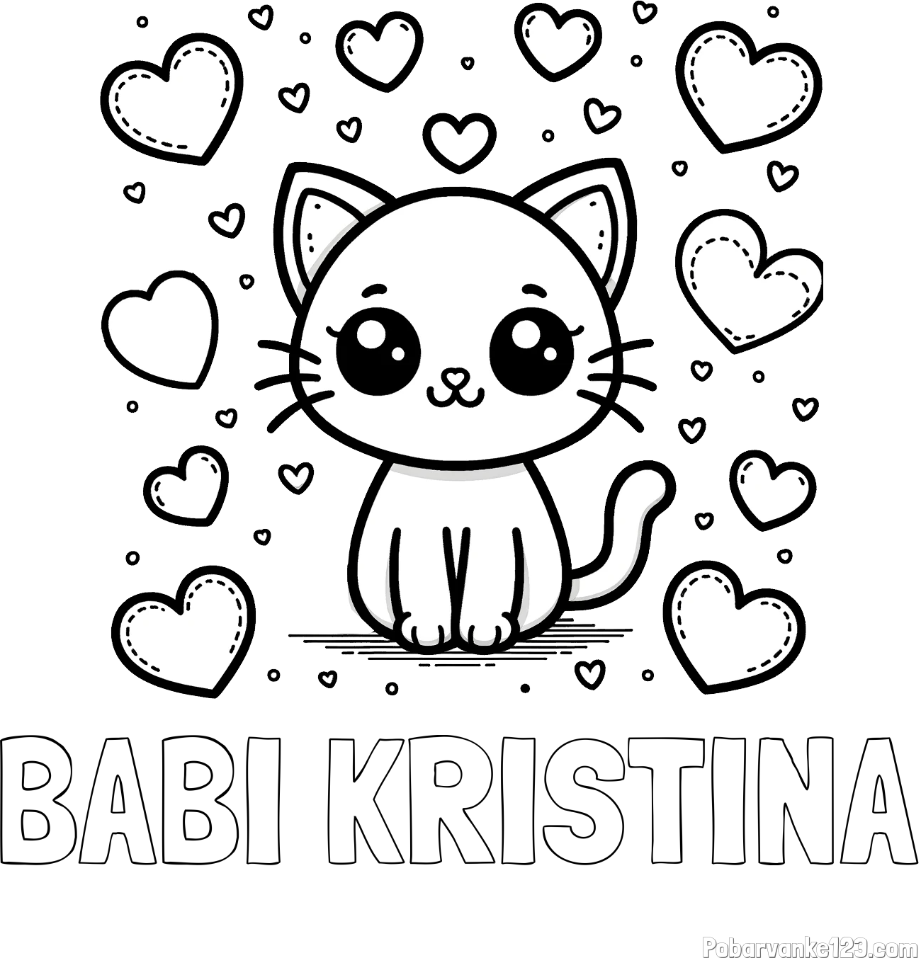 Pobarvanka imena BABI KRISTINA in pobarvanka ljubke mucke obdane z veliko srčki