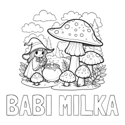 Online izdelana pobarvanka - Pobarvanka imena BABI MILKA in pobarvanka čarovnice med gobami