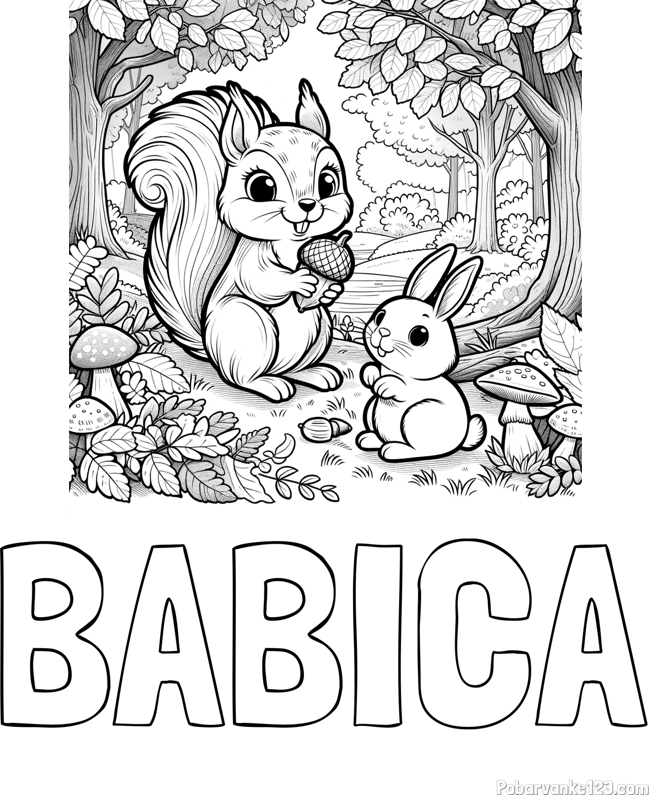 Pobarvanka imena BABICA in pobarvanka veveričke in zajčka v gozdu