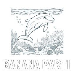 Online izdelana pobarvanka - Pobarvanka imena BANANA PARTI in pobarvanka ljubkega delfina med plavanjem v morju