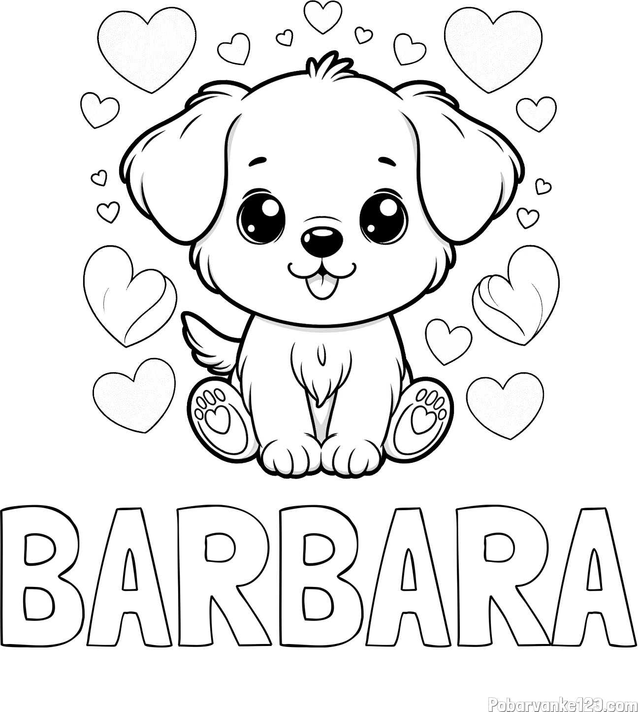 Pobarvanka imena BARBARA in pobarvanka ljubkega kužka obdanega s srčki