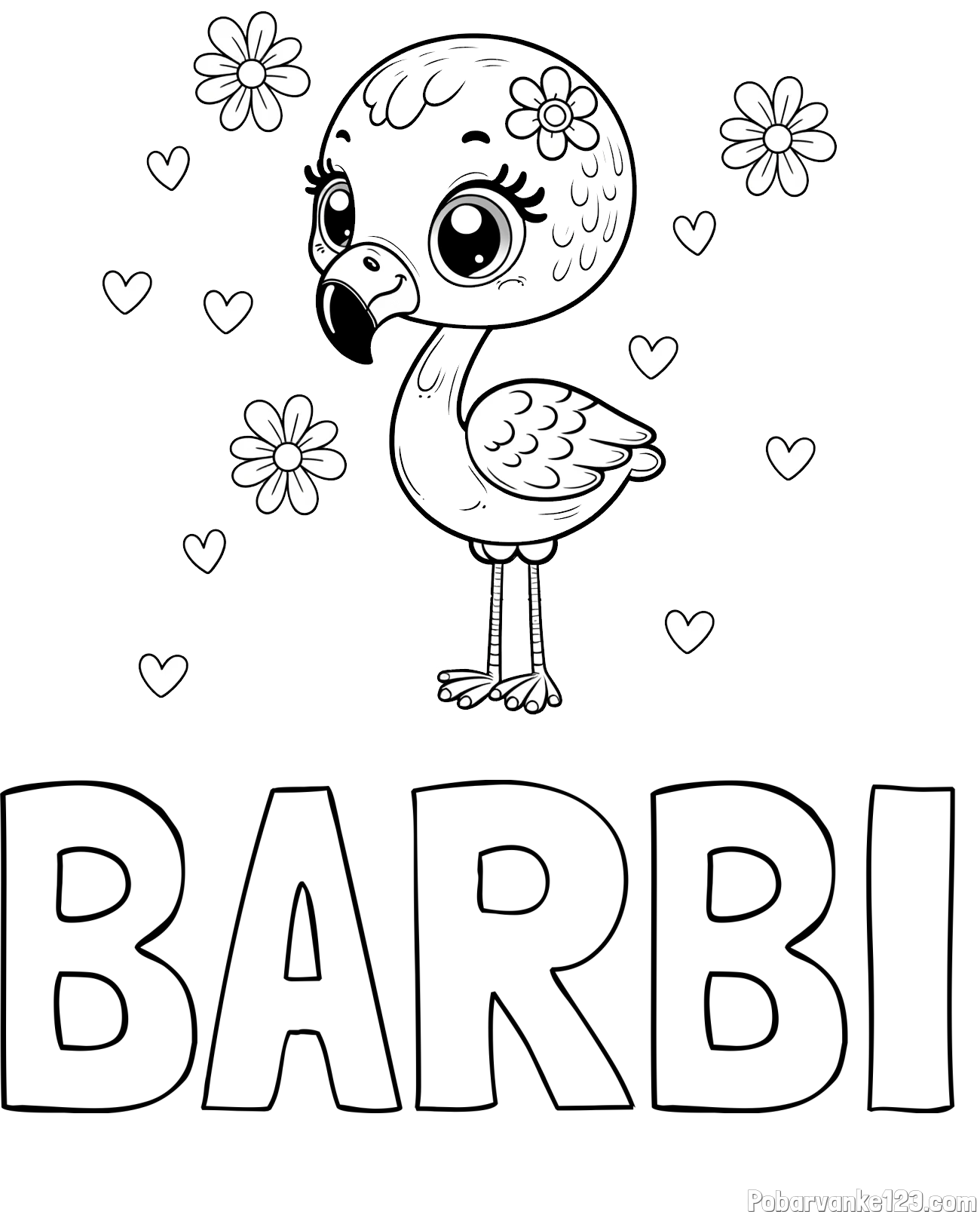 Pobarvanka imena BARBI in pobarvanka mladička flaminga z rožicami in srčki